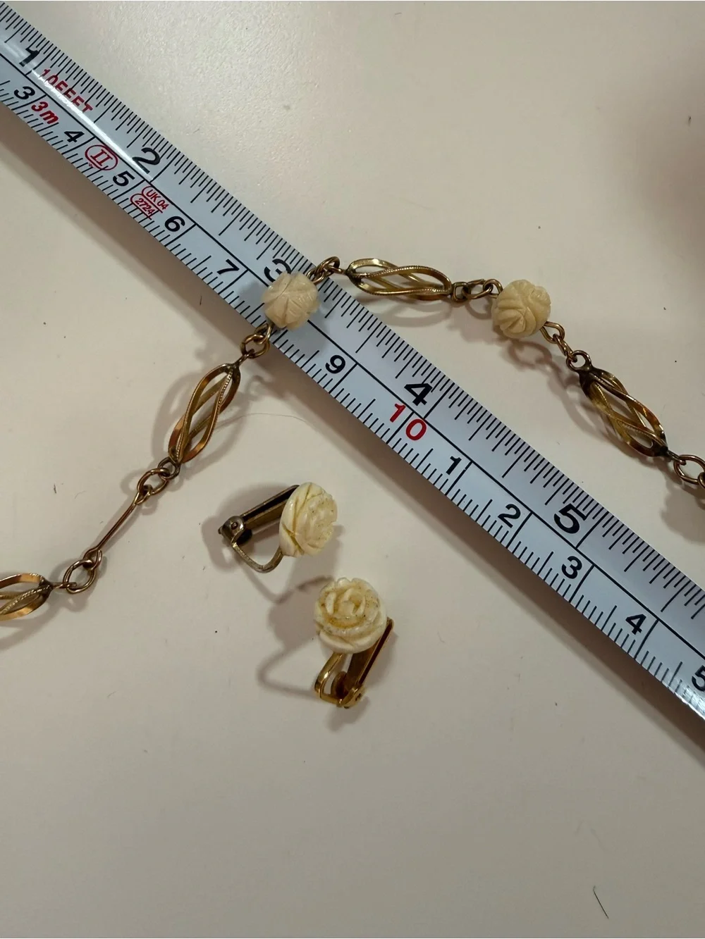 Vintage 1/20 12K GF gold cream flower delicate coquette bracelet earring set